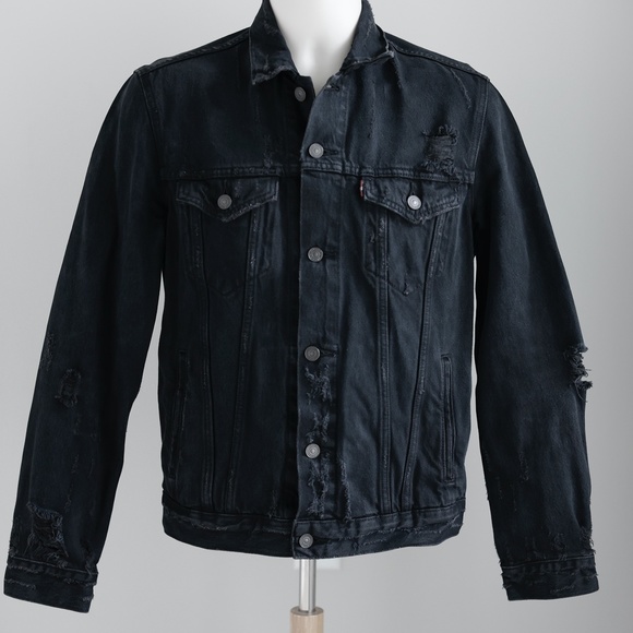 Levi's Other - Levi's Mens Black Denim Distressed Jean Trucker Jacket Size Medium